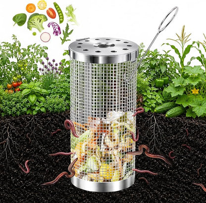 Worm Composter Worm Bin, Stainless Steel In Ground Compost Bin with Quick-Open Lid, Metal Worm Tower Composting System for Garden Beds, Underground Worm Farm, Outdoor Garden Vermicomposting Bin