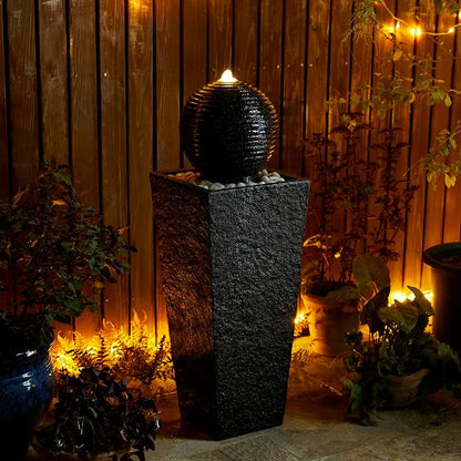 Glitzhome Outdoor Water Fountain with LED Light, Oversized Decorative Black Pedestal Water Fountains with Submersible Pump, Modern Sphere Floor Fountain with Pebbles for Garden Patio Decor, 40.25" H
