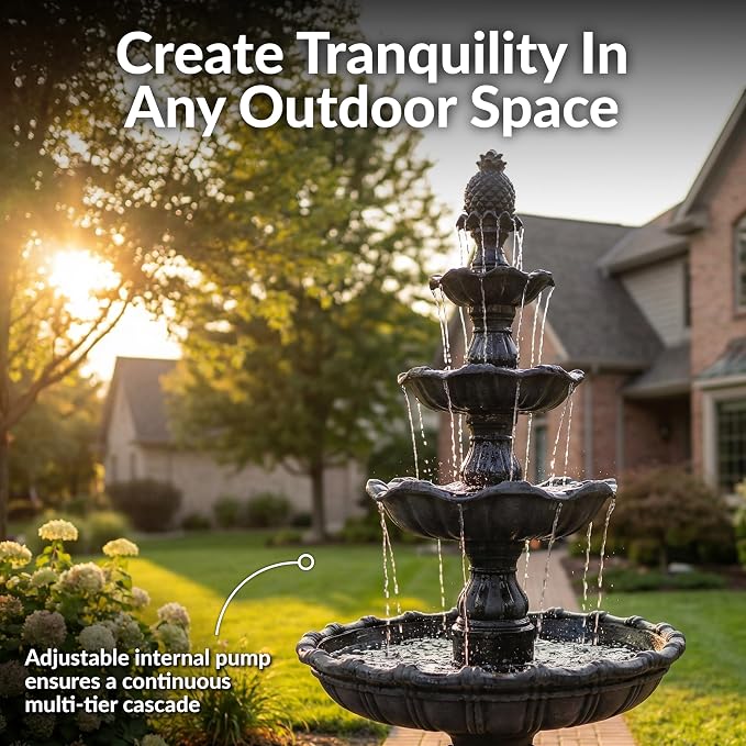 Sunnydaze Grand Courtyard 4-Tier Large Outdoor Water Fountain - 80" Tall Outdoor Fountain - Tiered Electric Garden Water Feature for Patio, Backyard, or Yard - Faux Stone Resin - Black