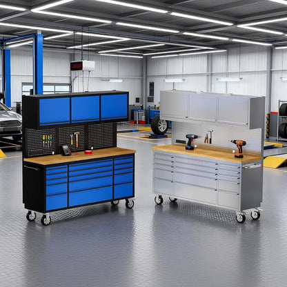CHETTO C 72" Tool Cabinet Stainless Steel Chest with 3 Upper Cabinets and 15 Drawers + 72" Tool Box Blue Mobile Rolling Workbench Large Tool Box Socket Lockable Storage Wheels for Garage 2 Pack