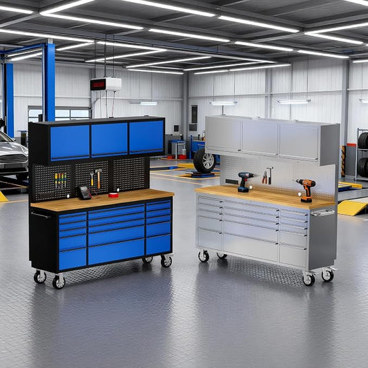CHETTO C 72" Tool Cabinet Stainless Steel Chest with 3 Upper Cabinets and 15 Drawers + 72" Tool Box Blue Mobile Rolling Workbench Large Tool Box Socket Lockable Storage Wheels for Garage 2 Pack
