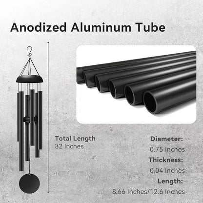 WindChimes Outdoors, 32 Inches Deep Tone Metal WindChimes with 6 Thickened Aluminum Tubes, Wind Chimes for Outside, Memorial Wind Chimes Best Gift for Mom Grandma Women, Black