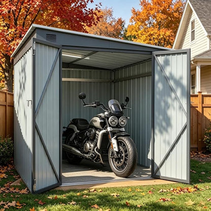 PVWIIK 6x8 FT Metal Motorcycle Outdoor Storage Shed, Heavy Duty Waterproof Steel Garden Tool Shed with Lockable Doors, Free PC Light Board for Tools, Bikes & Patio, Carbon Black