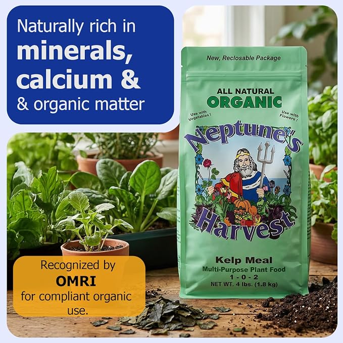 Neptune’s Harvest Organic Kelp Meal Plant Food (1-0-2) - 4 lb Resealable Bag - Multi-Purpose Seaweed Fertilizer - Indoor & Outdoor Plant Fertilizer for Lawns, Gardens, Vegetables & Bulbs