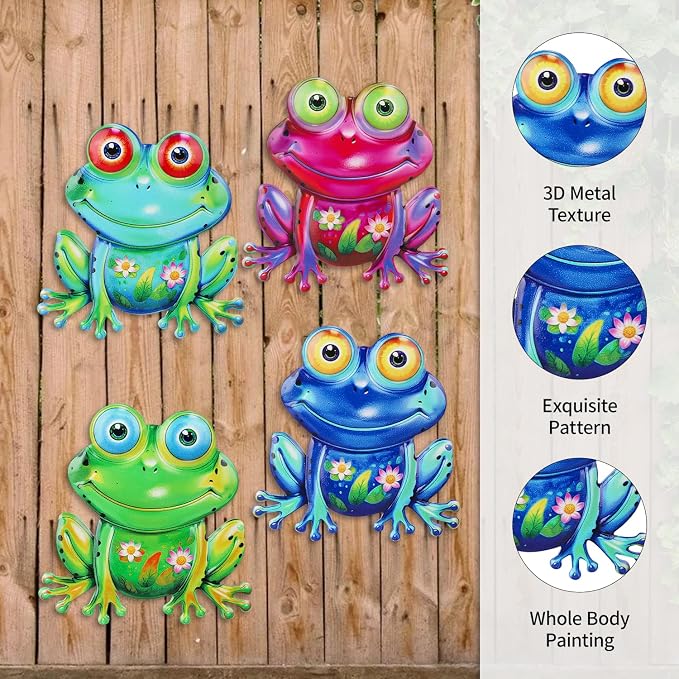 Junware Metal Frog Wall Decor, 4Pcs Frog Iron Wall Art Sculptures Art Frogs Wall Hanging Sculpture Decoration.Outdoor Fence Art for Home Garden, Fence, Patio, Yard, Bedroom Outside Gifts for Adults