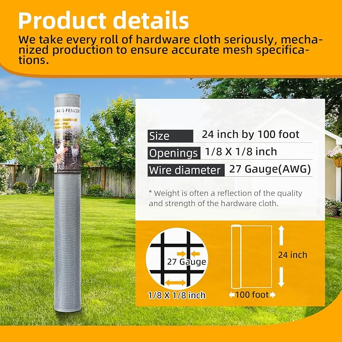 24in x 100ft Hardware Cloth 1/8 inch 27Ga Hot Dipped Galvanized After Welding, Chicken Coop Wire Fence, Welded Metal Fencing Roll Mesh for Bee Screen Garden Plant Poultry Animal Netting Cage