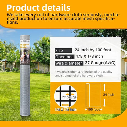 24in x 100ft Hardware Cloth 1/8 inch 27Ga Hot Dipped Galvanized After Welding, Chicken Coop Wire Fence, Welded Metal Fencing Roll Mesh for Bee Screen Garden Plant Poultry Animal Netting Cage