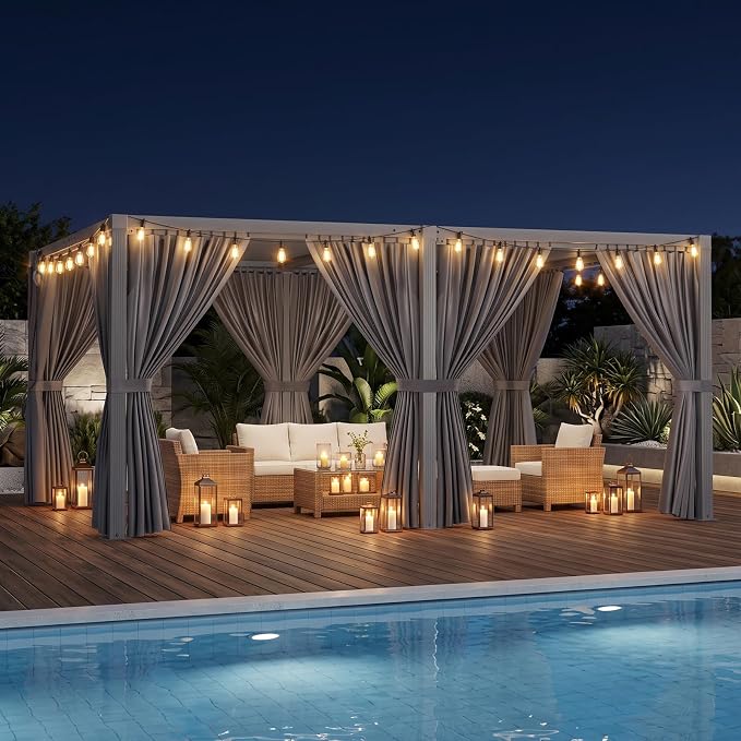 Louvered Pergola 12'x16' Outdoor Pergola with Roof, Heavy Duty Aluminum Frame & Waterproof Curtains, Hardtop Gazebo with Adjustable Louvers for Patio, Deck and Backyard, Gray