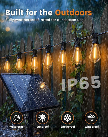 Solar String Lights Outdoor Waterproof, 30FT(24+6) 12 LED S14 Shatterproof Edison Bulbs, 2FT Spacing, 3 Modes, Dimmable, Timer, USB Solar Powered Hanging Patio Lights for Outside, Backyard