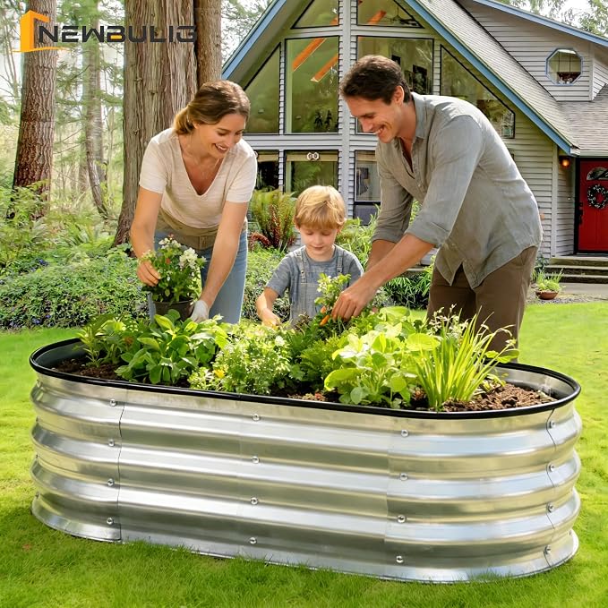 NEWBULIG Galvanized Raised Garden Bed Outdoor, 4x2x1ft Metal Planter Box for Vegetables Flowers Herbs, Heavy-Duty Oval Raised Flower Bed for Gardening, Open Bottom, Easy Assembly, Safe Edges