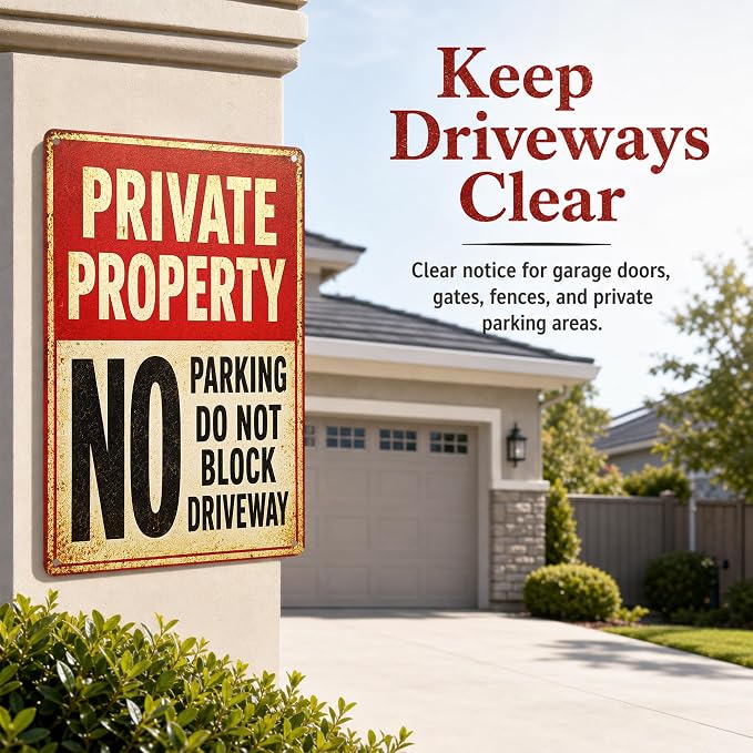 Private Property Tin Sign, 12 x 8 Inch No Parking Aluminum Metal Wall Decor, Do Not Block Driveway Notice Sign for Garage, Gate, Fence, Carport