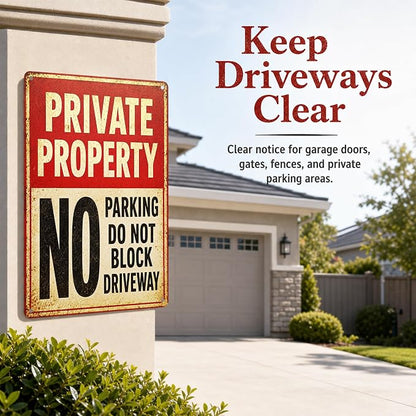 Private Property Tin Sign, 12 x 8 Inch No Parking Aluminum Metal Wall Decor, Do Not Block Driveway Notice Sign for Garage, Gate, Fence, Carport