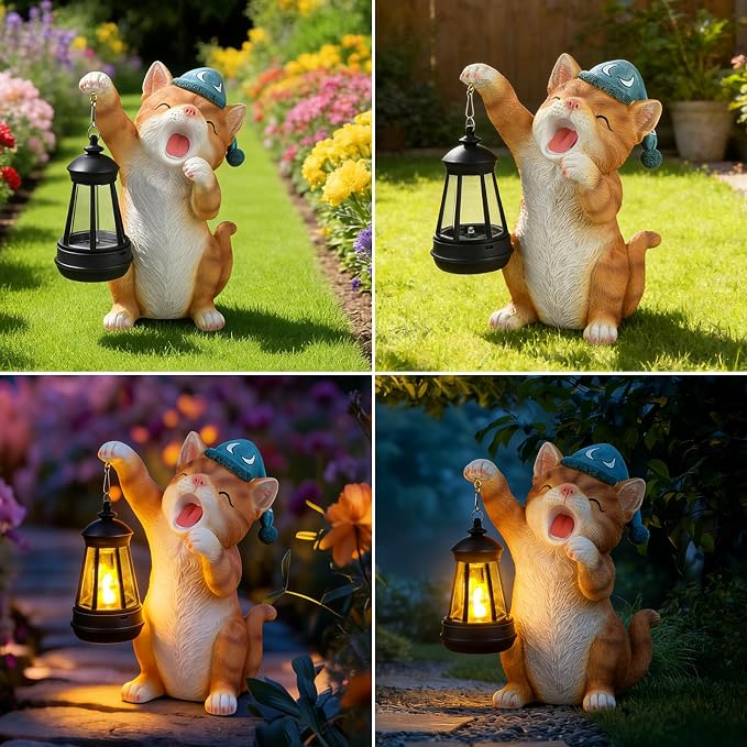 Solar Dragon Garden Statue with Lantern and Birds – Resin Dinosaur Figurine with LED Light for Yard, Outdoor Decor, Gifts for Mom, Women (Cat)