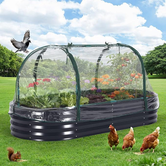 Garvee Large Oval Galvanized Raised Garden Bed Kit with Cover Zippered Screen Doors, Open Base Design, Thick Steel, Easy Assembly, Planter Box for Vegetables, Flowers
