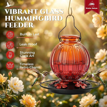 Glass Hummingbird Feeder for Outdoors Hanging, 26Oz Bird Nectar Feeder with Perch & 5 Flower Feeding Ports, Leak Proof for Outside Garden Decor Backyard, Gifts for Women Mom, Orange & Red