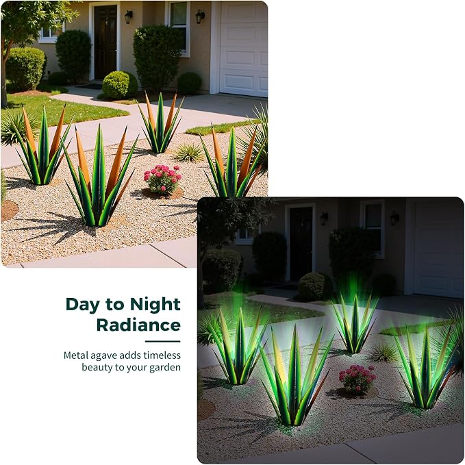 KODIBO 24” Metal Agave Plant Outdoor Decor with Solar Light, Vintage Green | IP65 Waterproof Solar Garden Light, Weather-Resistant Metal, Tequila Rustic Sculpture for Patio Yard Flower Bed, Home Decor