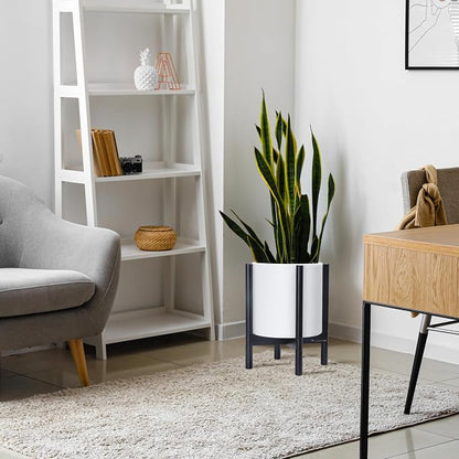 D'vine Dev Plastic Pot with Ebony Wood Stand, White, 12 in, 55-C-Q-1 | Mid-Century Inspired Design, Elevated Plant Display, Clean Lines, Sturdy Support, Modern Space-Saving Style