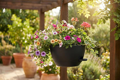 Hanging Planters, 3-Pack 10 Inch Self-Watering Pots with Drainage Holes and Chains, Matte Plastic Planters for Indoor/Outdoor Plant（Black）