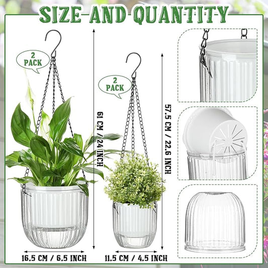 Maxcheck 4 Pcs Self Watering Hanging Planters Indoor Gift 6.5'' 4.5'' Hanging Flower Pots Baskets Outdoor Self Watering Plant with 3hooks Drainage Holes for Home