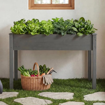 DUMOS Raised Garden Bed 48x24x30 Inch, Outdoor Planter Box with Legs, Elevated Wood Garden Bed with Liner for Herbs Flowers Vegetables, Wooden Planter Box for Patio, Balcony and Backyard, Grey