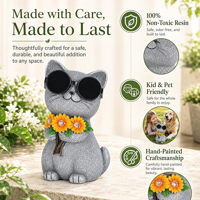 Solar Garden Statues Cat with Daisy and LED Lights Birthday Gifts for Women Mom Grandma Solar Outdoor Decor for Patio Backyard Yard Lawn Decoration-Unique Housewarming Gifts