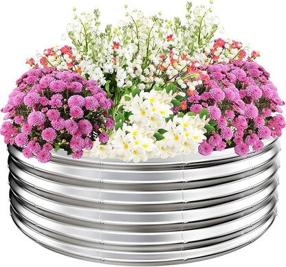 TBMLC 17" Elevated Round Metal Garden Bed, Silver, 4FT Diameter | 4'x4' Size, 0.8MM Thick, Raised Planter Box, For Vegetables Flowers Succulent, Patio/Garden Outdoor