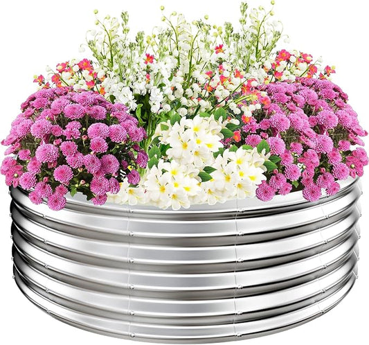 TBMLC 17" Elevated Round Metal Garden Bed, Silver, 4FT Diameter | 4'x4' Size, 0.8MM Thick, Raised Planter Box, For Vegetables Flowers Succulent, Patio/Garden Outdoor