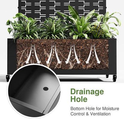 Casaphoria Metal Raised Garden Bed with Trellis and Wheels, 72"x35"x16" Arched Planter Box for Climbing Plants, Vegetables & Vines, Features Drainage Holes and Privacy Screen (Black-Brick)