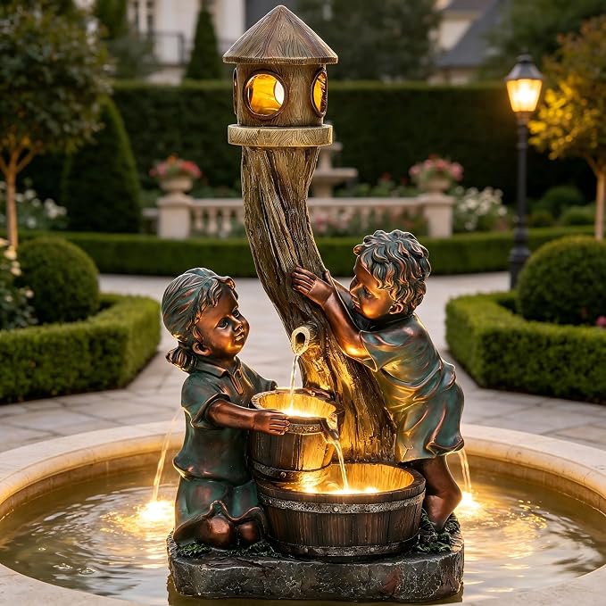 31" Boy and Girl Outdoor Fountain LED 3-Tier Waterfall, Faux Bronze | hand-painted antique bronze, Wood barrel and Pagoda design, patio garden,Yard and Porch