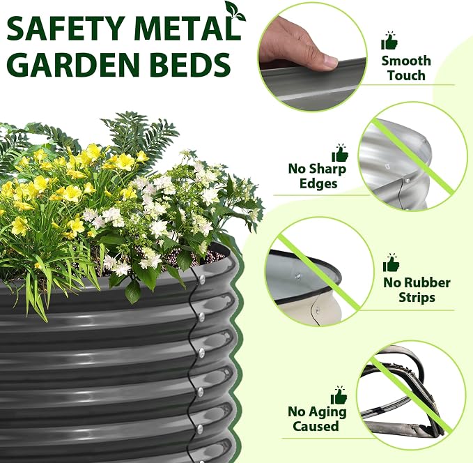 A ANLEOLIFE 8X4X1.5 ft Galvanized Raised Garden Beds Outdoor, Oval Large Metal Planter Box for Planting Vegetables Flowers Herb, Anti-Rust & Easy-Setup, Quartz Grey