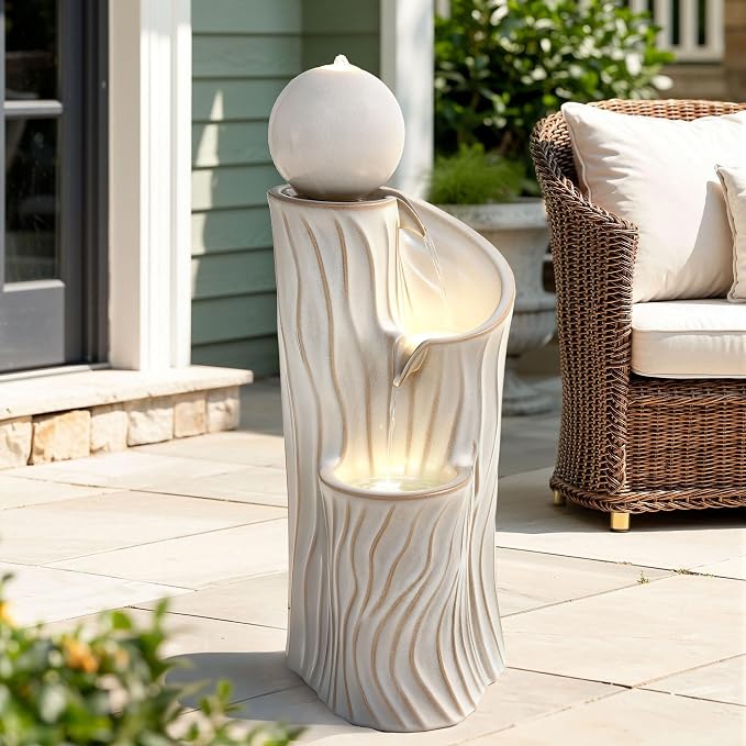 32" H Ceramic Outdoor Water Fountain with LED Lights, 3-Tier Cascading Sphere Water Feature, Tranquil Waterfall for Relaxing Garden, Patio, Yard, or Porch, Beige Glaze, Dynamic Wave-Texture