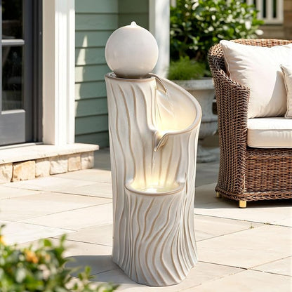32" H Ceramic Outdoor Water Fountain with LED Lights, 3-Tier Cascading Sphere Water Feature, Tranquil Waterfall for Relaxing Garden, Patio, Yard, or Porch, Beige Glaze, Dynamic Wave-Texture