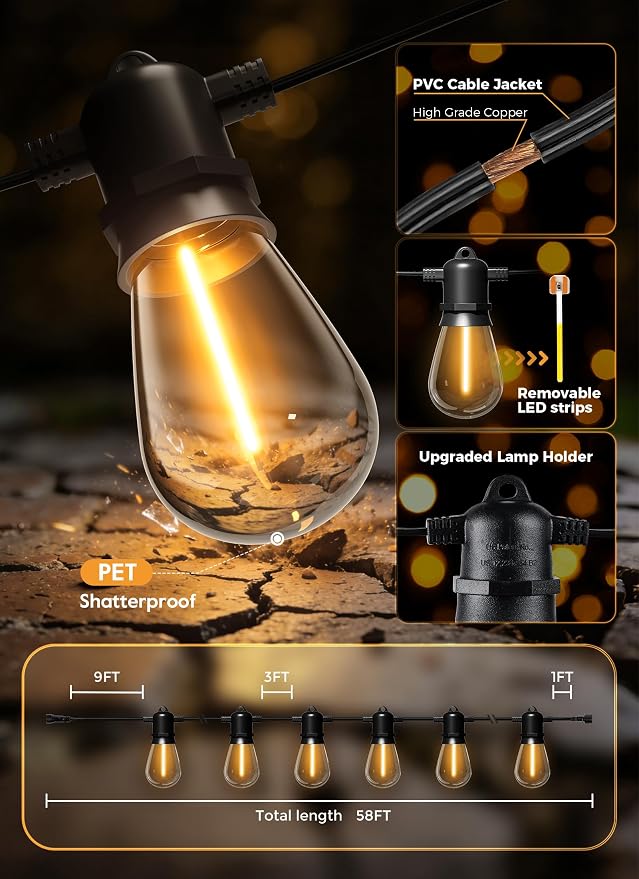 Minetom 58FT Solar String Lights Outdoor Waterproof, 17 LED S14 Shatterproof Bulb, Patio Lights with Remote Type-C Port Timable, 3 Light Modes Dimmable Solar String Lights for Outside, Yard, Camping