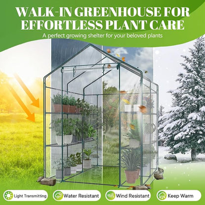 OLIXIS Outdoor Greenhouse, Walk-in Greenhouse with 2 Tier 8 Plant Shelves, Durable PVC Cover, 56"x56"x77" Portable Greenhouses for Outdoor Garden, Patio, Porch, Backyard Green Houses, Clear