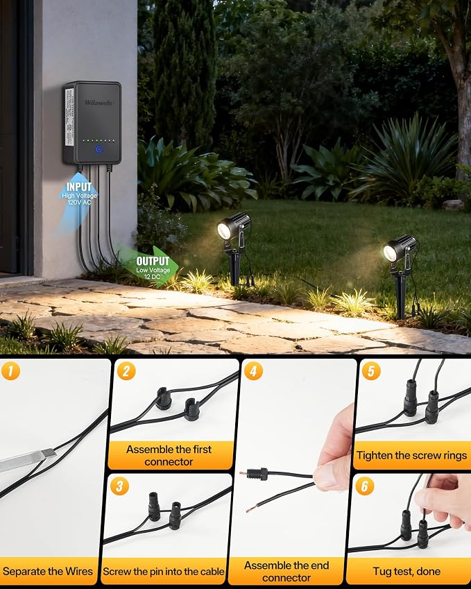All-in-One LED Low Voltage Landscape Lighting Kit, 12-Pack Landscape Lights with Transformer, 100FT Wire and Connectors, 3000K Waterproof Outdoor Spotlights for Yard Garden Tree House W02LK06