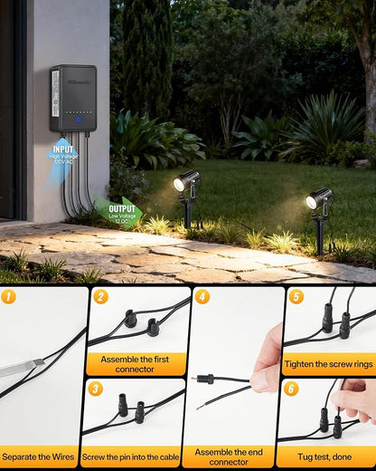 All-in-One LED Low Voltage Landscape Lighting Kit, 12-Pack Landscape Lights with Transformer, 100FT Wire and Connectors, 3000K Waterproof Outdoor Spotlights for Yard Garden Tree House W02LK06