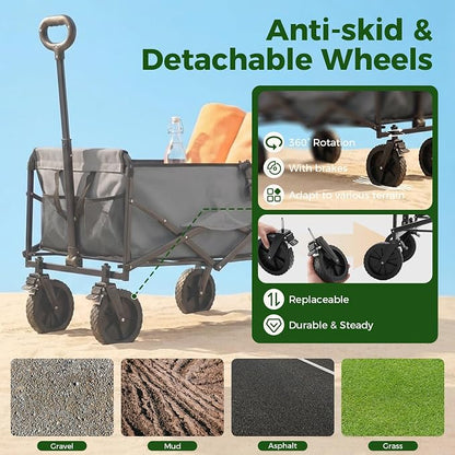 DUMOS Collapsible Wagon Cart, Heavy Duty Foldable Utility Wagon with Lockable Brake Wheels – 330 lbs Capacity, Flexible Handle for Beach, Garden, Sports, Grocery & Camping, Gray
