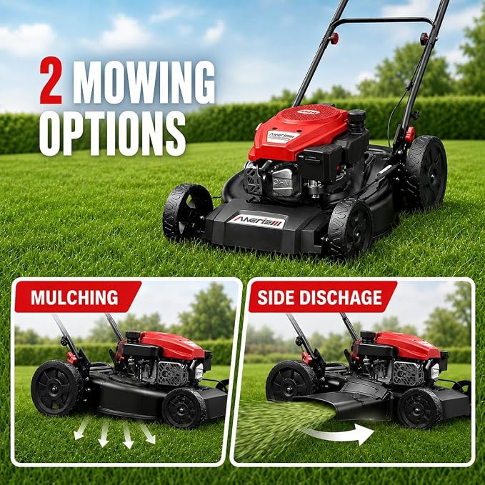 AMERISUN 21" Gas Lawn Mower, 144cc 4-Stroke, 2-in-1 Mulch & Side Discharge, 6 Height Adjustment, Lightweight Push Mower for Backyard Lawn Care