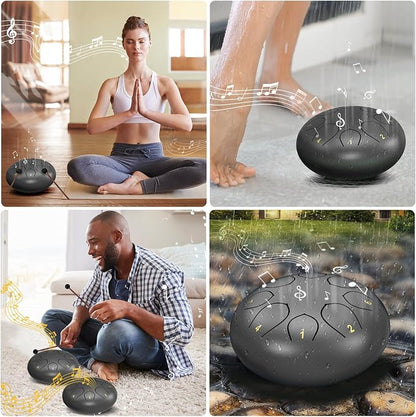 Rain Drum for Outside Garden, 6 Inches 8 Notes Steel Tongue Chakra Drums, Waterproof Echo Rain Chime Meditation Drums, Musical Instruments for Adult Gift with Bag, Music Book, Drum Mallets (Black)
