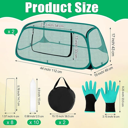 2 Pack Pop Up Garden Cover, 44" x 19" x 17" Foldable Pop-Up Mesh Plant Garden Bed Cover for Raised Beds for Vegetable, with 10 Labels/ 8 Stakes/ 2 Storage Bag/Gloves