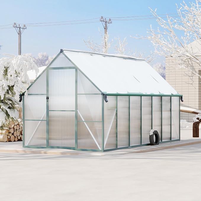 GarveeLife 8X14FT Polycarbonate Greenhouse with Aluminum Frame, Polycarbonate Greenhouse for Outdoors, Greenhouses with Ventilation and Rain Gutter, Aluminum Large Walk-in Greenhouses for Outside