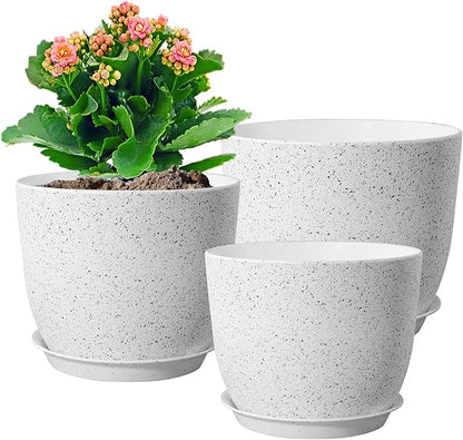 WSMKSZ 10/9/8 inch Medium Plant Pots, Set of 3 Modern Decorative Plastic Planters with Drainage Holes and Saucers for Garden House Plants, Flower Pots for Indoor Outdoor Plants, Speckled White