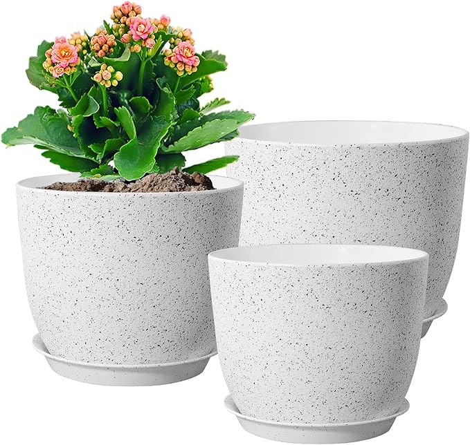 WSMKSZ Large Flower Pots 12/10/9 inch, Set of 3 Modern Decorative Plastic Planters with Drainage Holes and Saucers for Garden House Plants, Plant Pots for Indoor Outdoor Plants, Speckled White