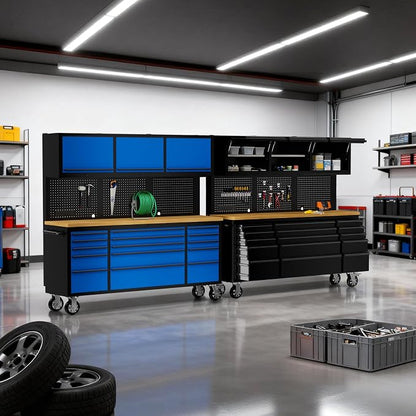 CHETTO C 72" Tool Cabinet Chest with 15 Drawers + 3 Upper Cabinets Black + 72" Tool Box Blue Mobile Rolling Workbench Large Tool Box Power Outlet Lockable Storage Wheels for Garage Workshop 2 Pack