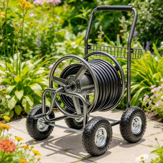 Hose Reel Cart, Holds 250 ft of 5/8" Hose, Heavy Duty Industrial Garden Water Hose Reel with 4 Wheels, Storage Basket, Powder-Coated Steel Frame for Lawn, Yard, Garden, Outdoor