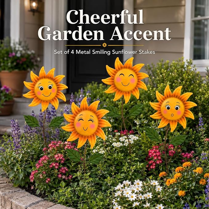4 Pack Smiley Sunflower Decorative Garden Stakes, 20.5 Inch Metal Flower Garden Stakes for Outside, Yard Art Outdoor Decor for Lawn Planter Porch Patio