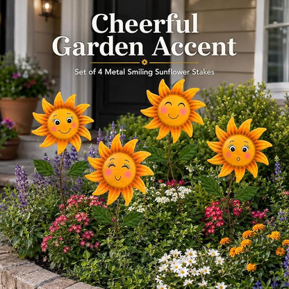4 Pack Smiley Sunflower Decorative Garden Stakes, 20.5 Inch Metal Flower Garden Stakes for Outside, Yard Art Outdoor Decor for Lawn Planter Porch Patio