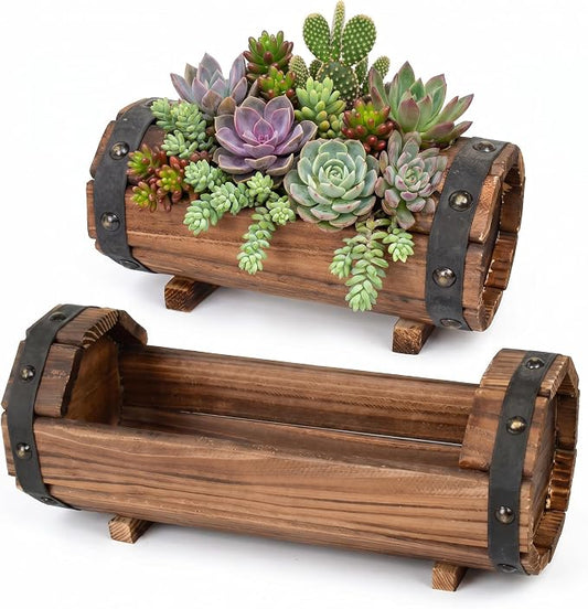 DOITOOL Half Barrel Planters Outdoor, 2 Pack Rustic Solid Wood Flower Pots for Plants, Carbonized Wooden Whiskey Wine Barrel Planter Set for Garden Patio Porch Windowsill Decoration (Brown)