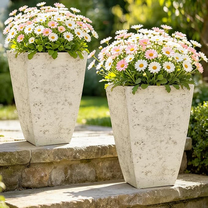Autodaya 19" Country White Square Tall Planters Set of 2 with Drainage Hole | Handmade Birch Bark Texture, Large Indoor and Outdoor Flower Pots for Front Porch, Garden, Patio, or Entryway Decor