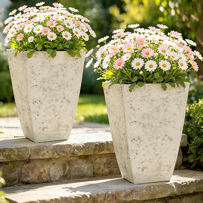 2-Pack 19" Country White Resin Square Planters with Drainage Hole | Set of 2 resin planters with weathered stone texture, drainage plugs, and UV-resistant finish for porch, patio, or indoors